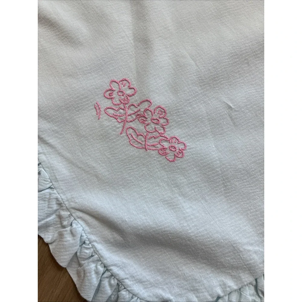 VTG Baby Blanket Cotton Plisse Blue W/ Pink Embroidery Ruffled 35